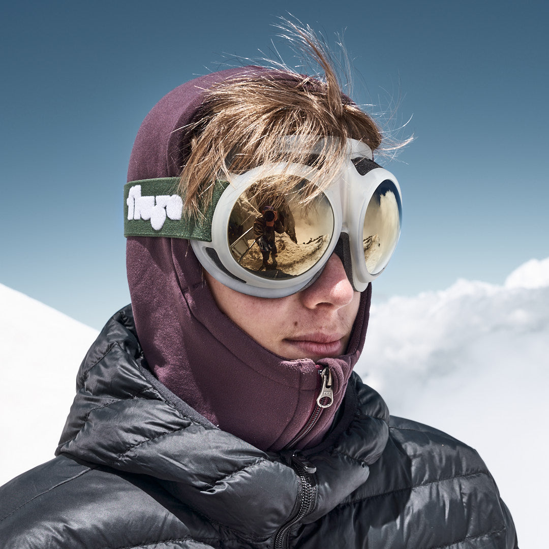 Man wearing Fluga Sports ski goggles, paragliding goggles, snowboard goggles at Aiguille du Midi, Chamonix France